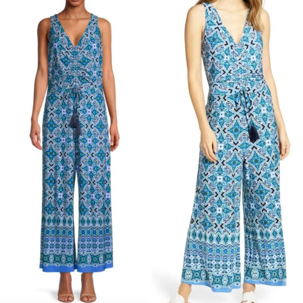 🦋 TOMMY BAHAMA Nassau Novelty Tile Print Carmela Jumpsuit Island Navy Blue
